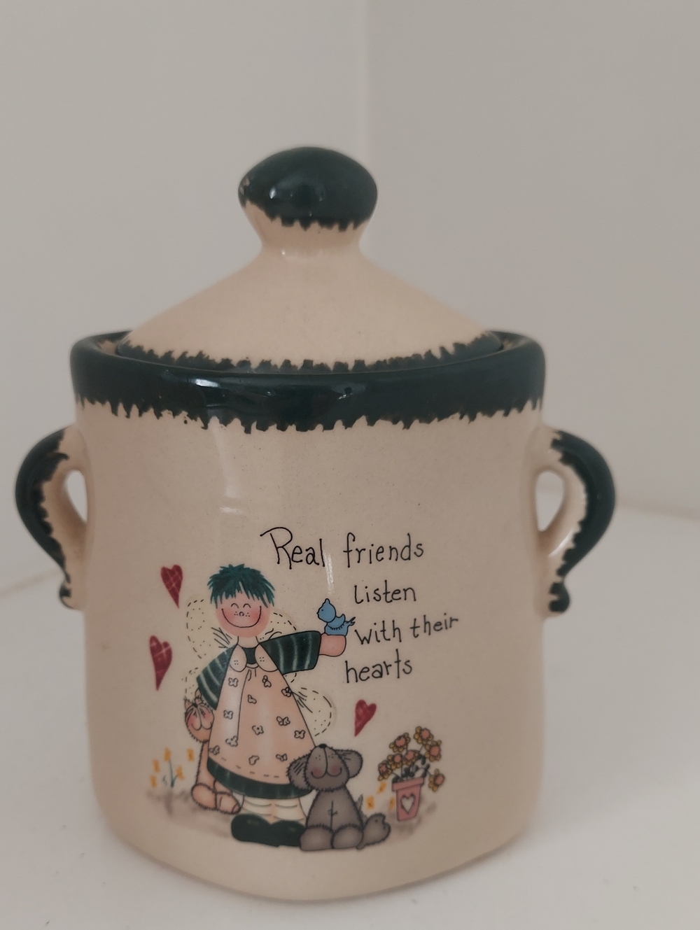 Hand-Painted Cream and Dark Green Ceramic Jar - Inspirational Home Art